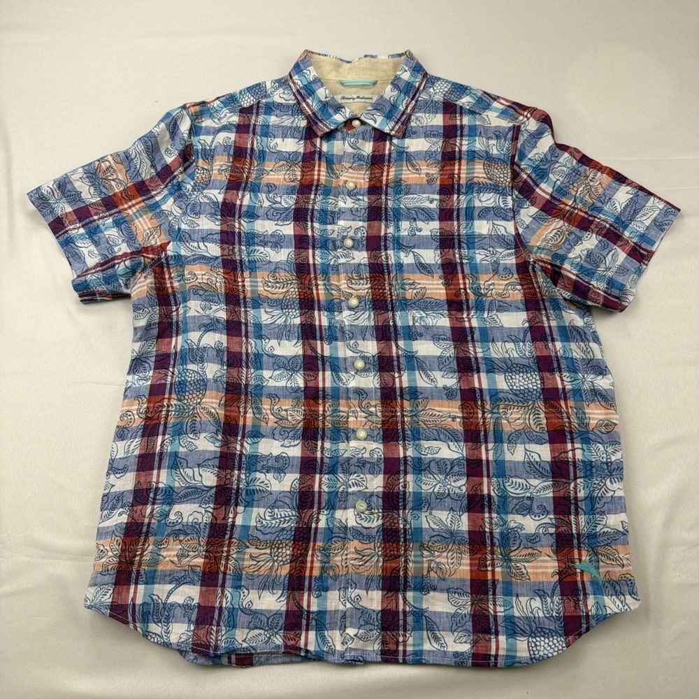 Tommy‎ Bahama Shirt Mens LARGE Blue Plaid Floral 100% Linen Hawaiian Camp